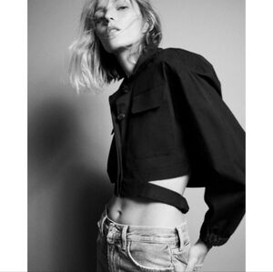 NWT Zara Black Cotton Poplin Cropped Utility Shirt, Size XS